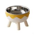 Elevated Dog Bowl - Raised Stainless Steel Pet Feeder with Wooden Legs - Modern Egg-Shell Design Water and Food Bowl for Small to Medium Dogs and Cats (Yellow & White)