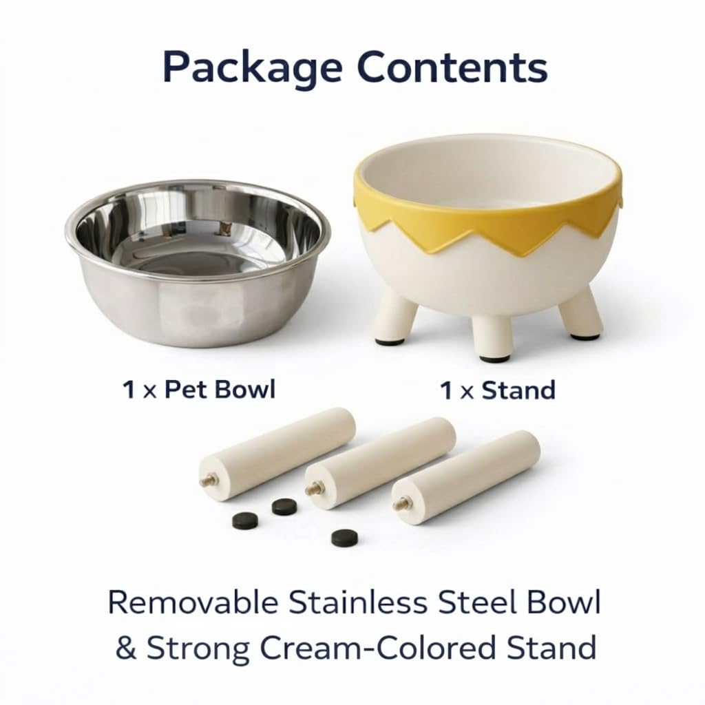 Elevated Dog Bowl - Raised Stainless Steel Pet Feeder with Wooden Legs - Modern Egg-Shell Design Water and Food Bowl for Small to Medium Dogs and Cats (Yellow & White)