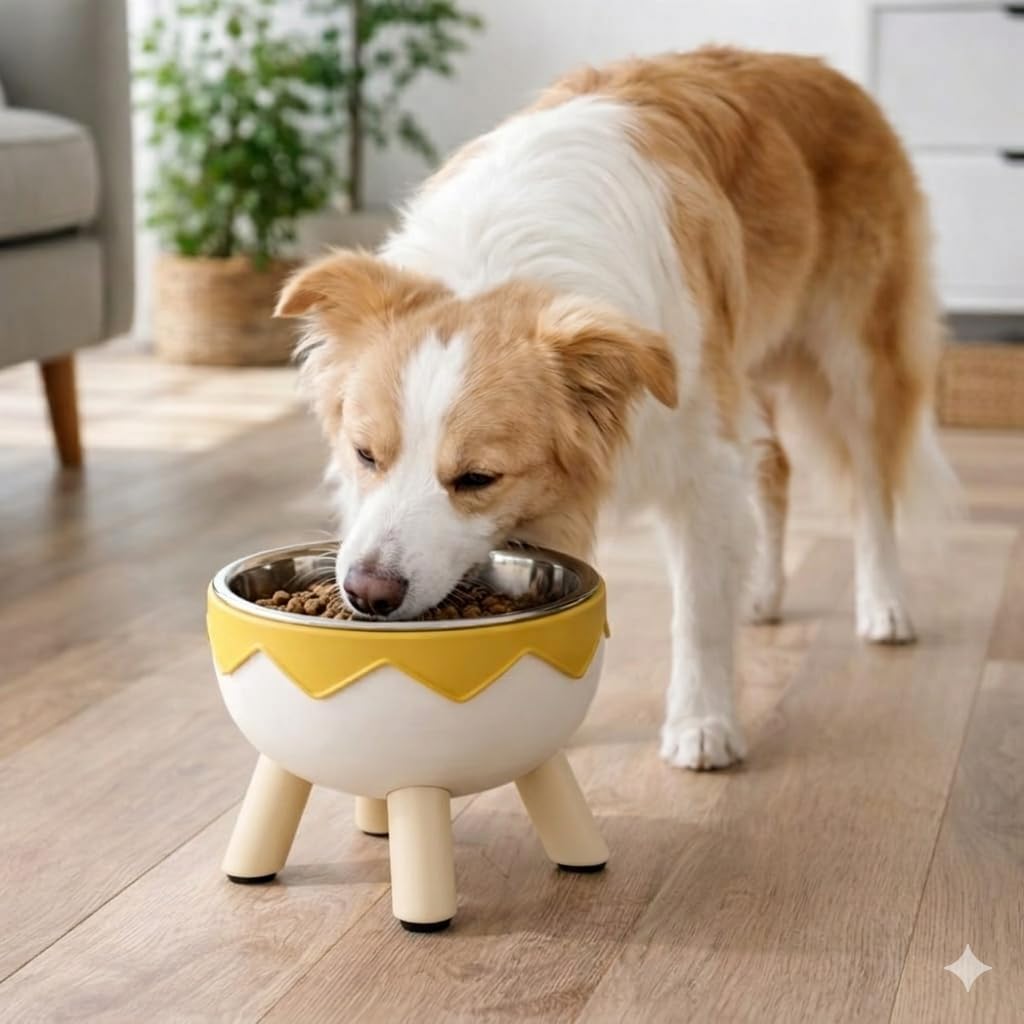 Elevated Dog Bowl - Raised Stainless Steel Pet Feeder with Wooden Legs - Modern Egg-Shell Design Water and Food Bowl for Small to Medium Dogs and Cats (Yellow & White)