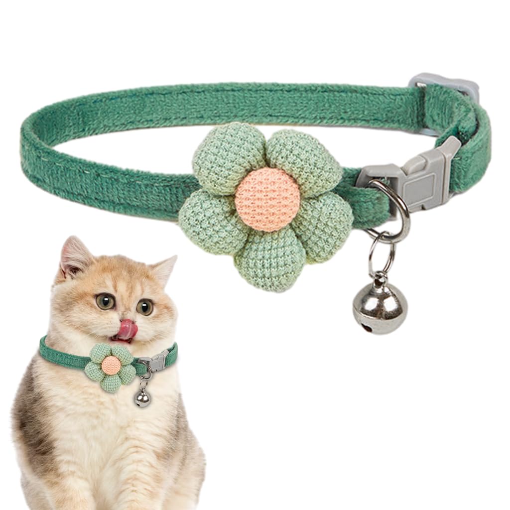 Qpets Cat Collar with Bell | Crochet Flower Design | Quick Release Adjustable | 38-46cm | Soft Plush | Cute Pink Flower | Safe Breakaway Collar for Cats & Small Pets