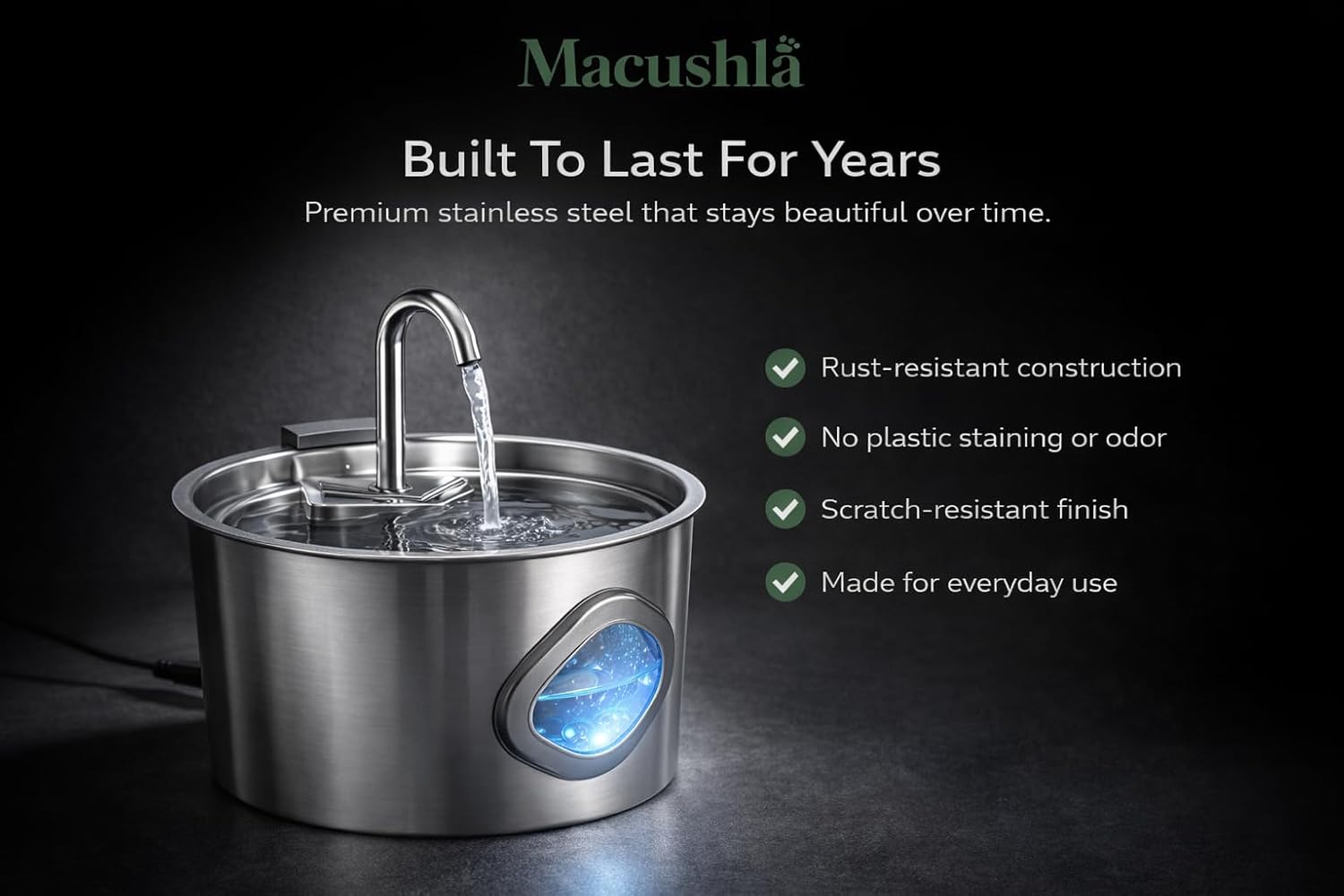 Macushla 3.2L Stainless Steel Cat Water Fountain with LED - Automatic Pet Drinking Fountain for Cats & Small Dogs