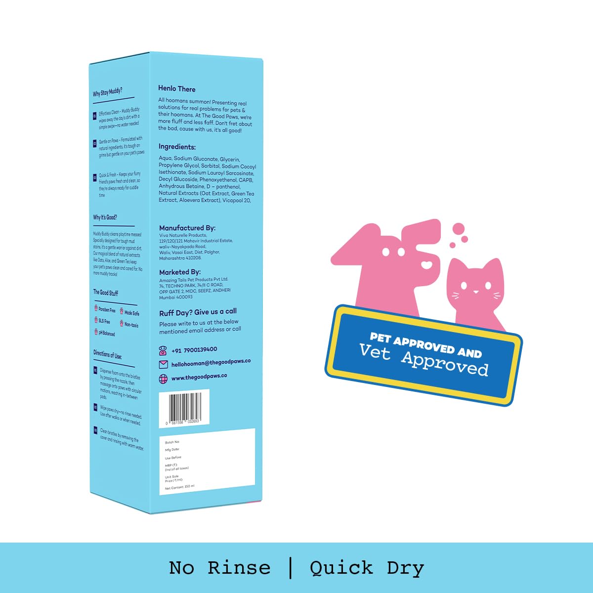 Good Paws Dog Paw Cleanser | 150ml | Allergen-Free & Paraben-Free | No Rinse & Quick Dry | Oat Extract, Aloe Vera, Green Tea & Tea Tree Oil | Moisturizes & Soothes Itchy Paws | Dogs & Cats