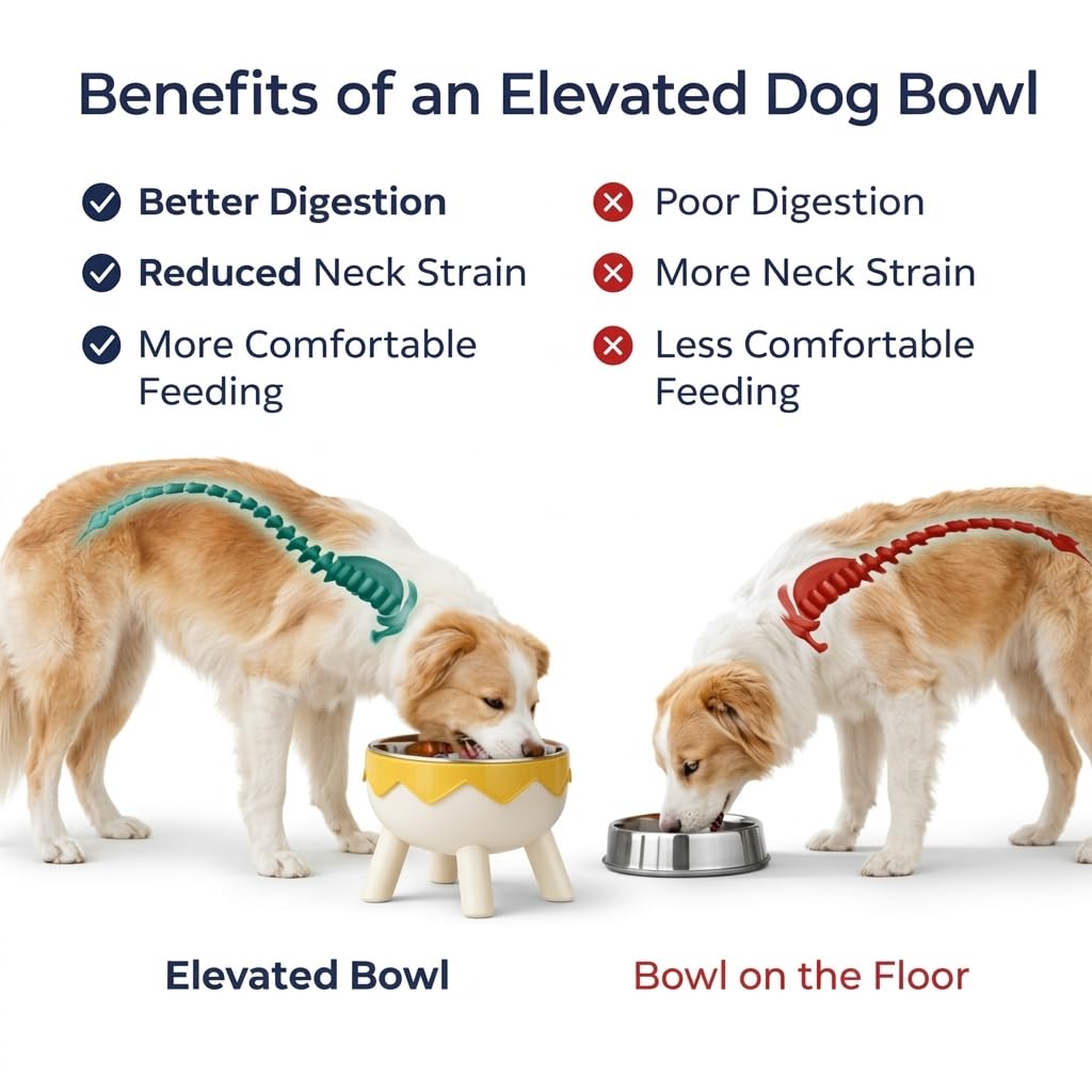 Elevated Dog Bowl - Raised Stainless Steel Pet Feeder with Wooden Legs - Modern Egg-Shell Design Water and Food Bowl for Small to Medium Dogs and Cats (Yellow & White)