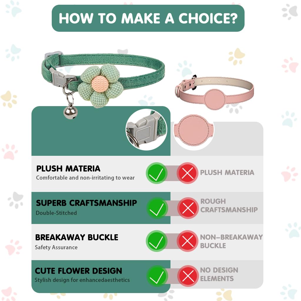 Qpets Cat Collar with Bell | Crochet Flower Design | Quick Release Adjustable | 38-46cm | Soft Plush | Cute Pink Flower | Safe Breakaway Collar for Cats & Small Pets