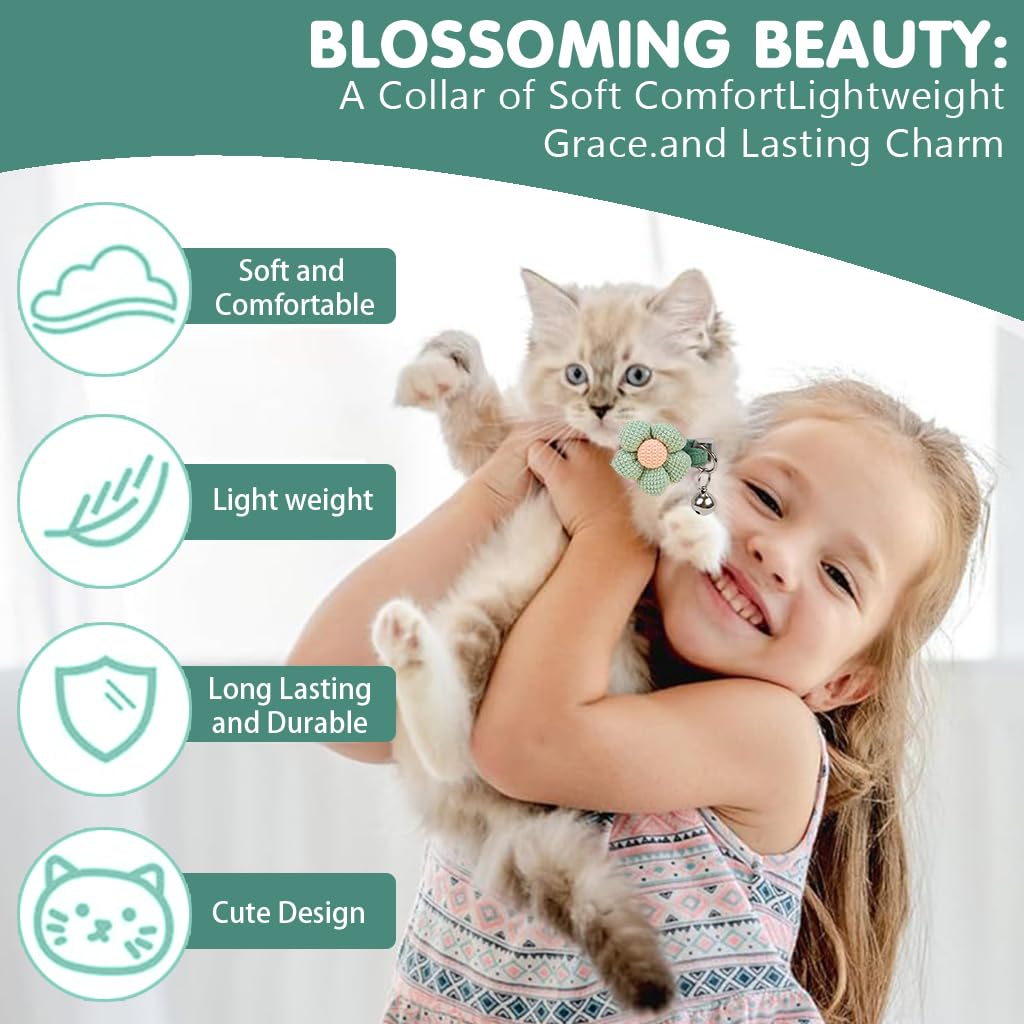 Qpets Cat Collar with Bell | Crochet Flower Design | Quick Release Adjustable | 38-46cm | Soft Plush | Cute Pink Flower | Safe Breakaway Collar for Cats & Small Pets