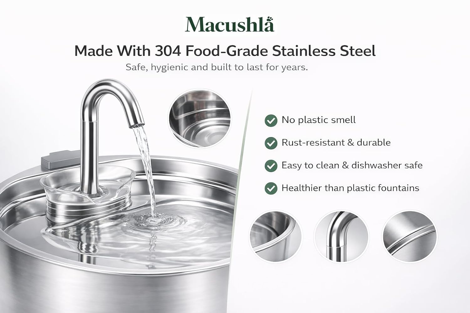 Macushla 3.2L Stainless Steel Cat Water Fountain with LED - Automatic Pet Drinking Fountain for Cats & Small Dogs