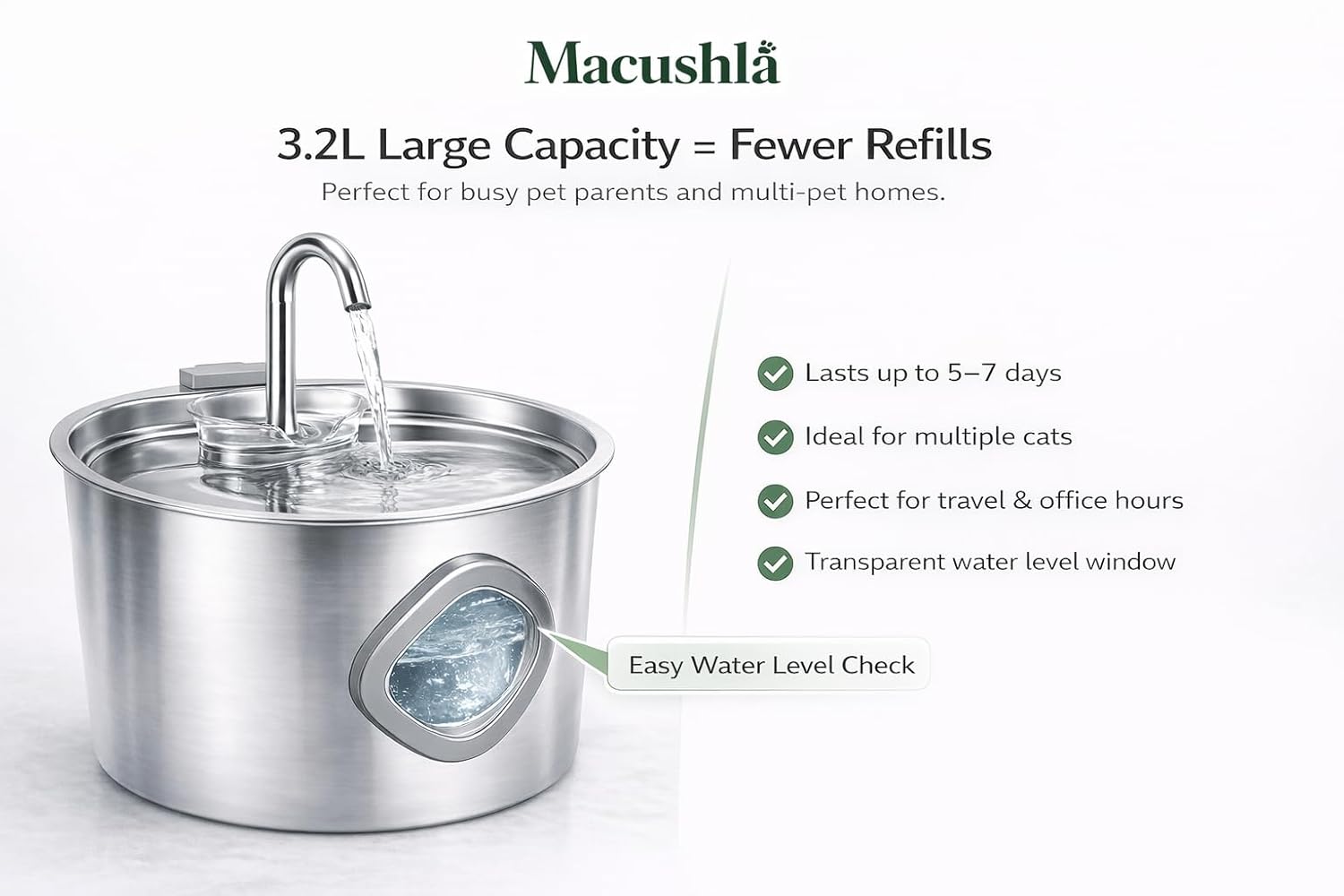 Macushla 3.2L Stainless Steel Cat Water Fountain with LED - Automatic Pet Drinking Fountain for Cats & Small Dogs