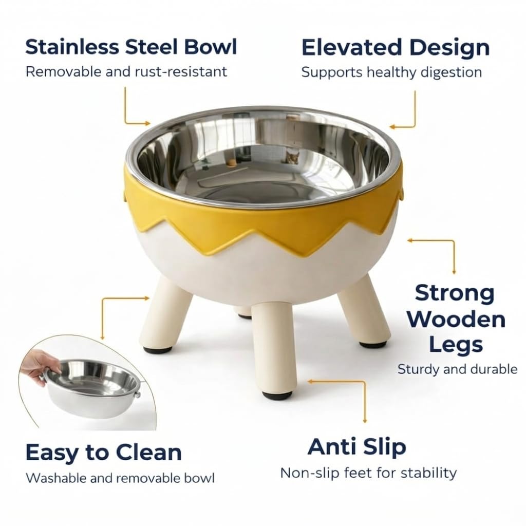 Elevated Dog Bowl - Raised Stainless Steel Pet Feeder with Wooden Legs - Modern Egg-Shell Design Water and Food Bowl for Small to Medium Dogs and Cats (Yellow & White)