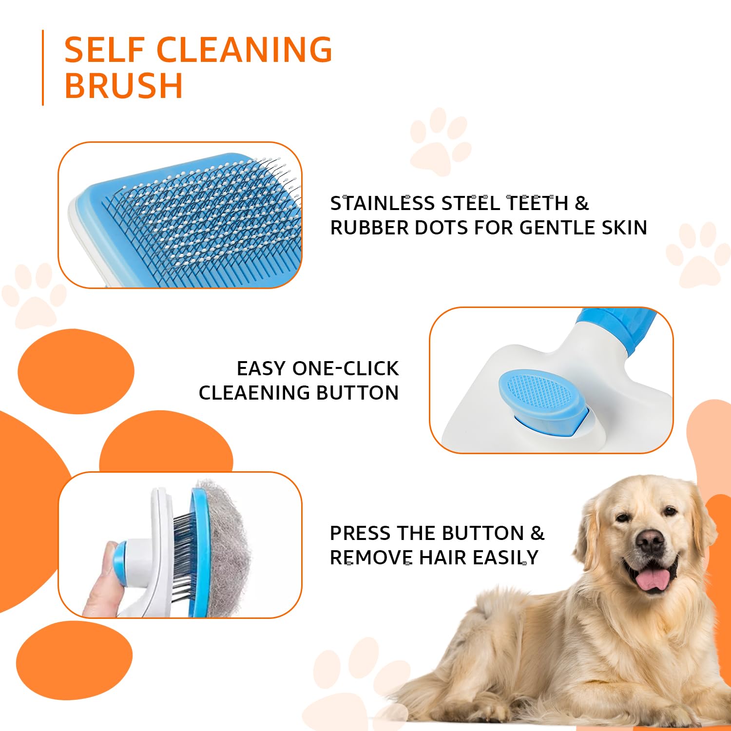 Basics Self Cleaning Slicker Pet Grooming Brush | Pet Cleaning Tool for Dogs, Cats, Rabbits & All Pets | Rectangular Shape with One-Click Cleaning