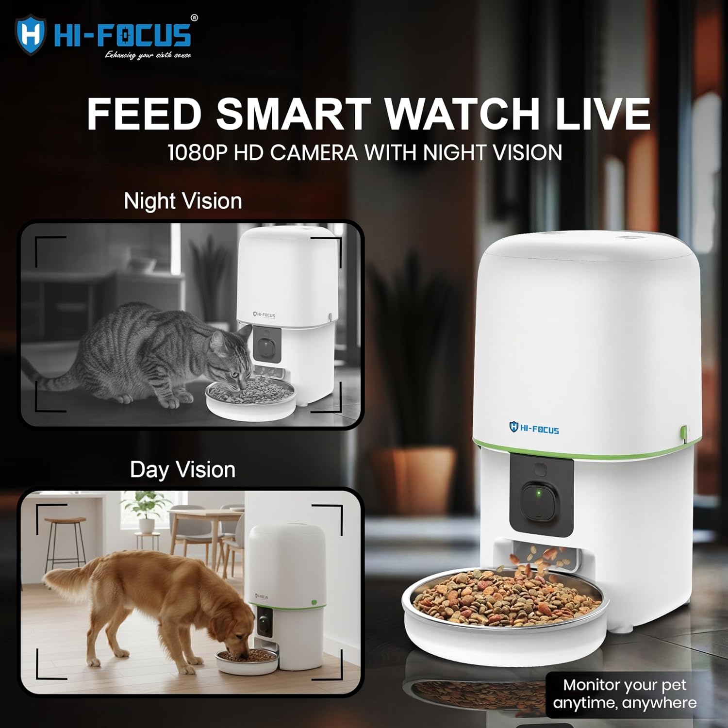 HI Focus 4L Smart Automatic Pet Feeder with 1080p HD Camera - Wi-Fi App Control, Two-Way Audio, Night Vision & Scheduled Feeding for Cats & Dogs