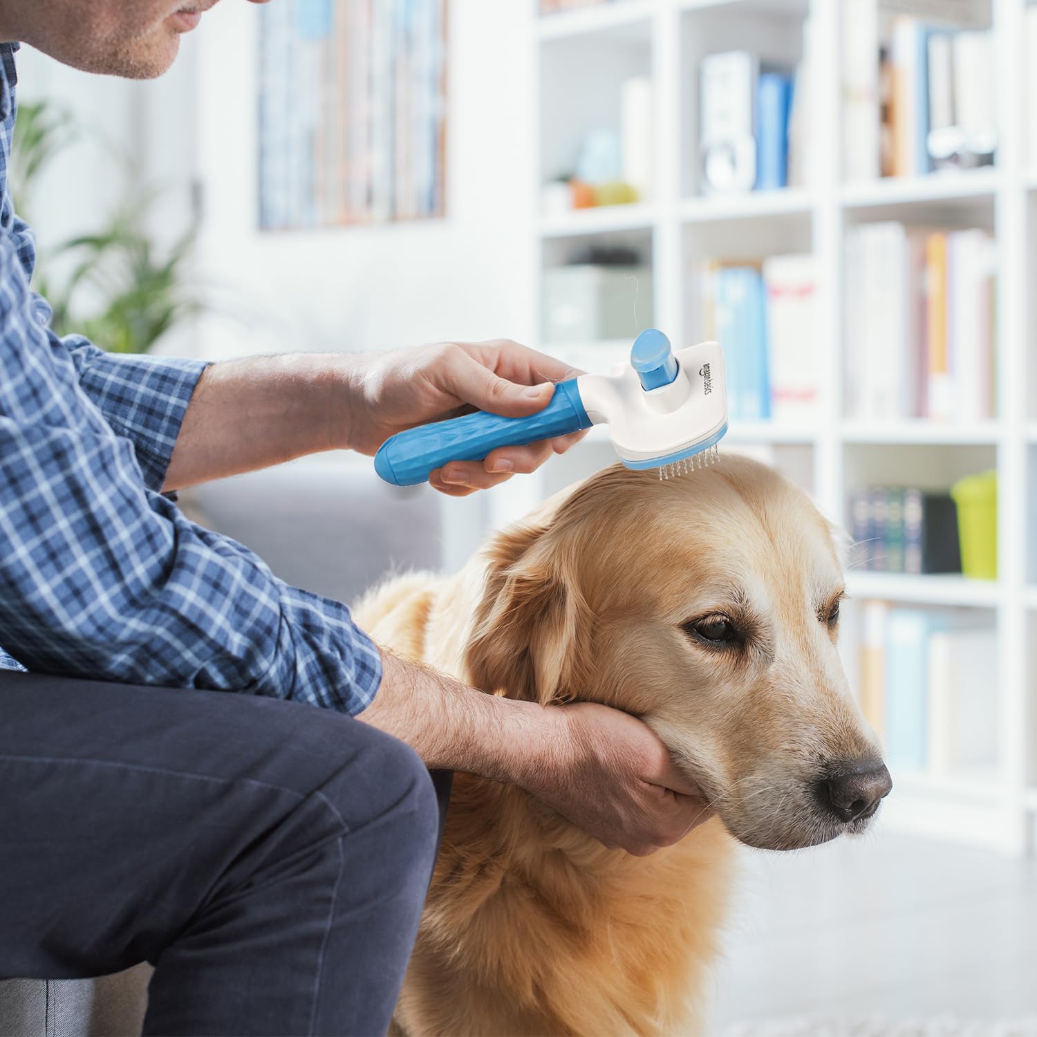 Basics Self Cleaning Slicker Pet Grooming Brush | Pet Cleaning Tool for Dogs, Cats, Rabbits & All Pets | Rectangular Shape with One-Click Cleaning