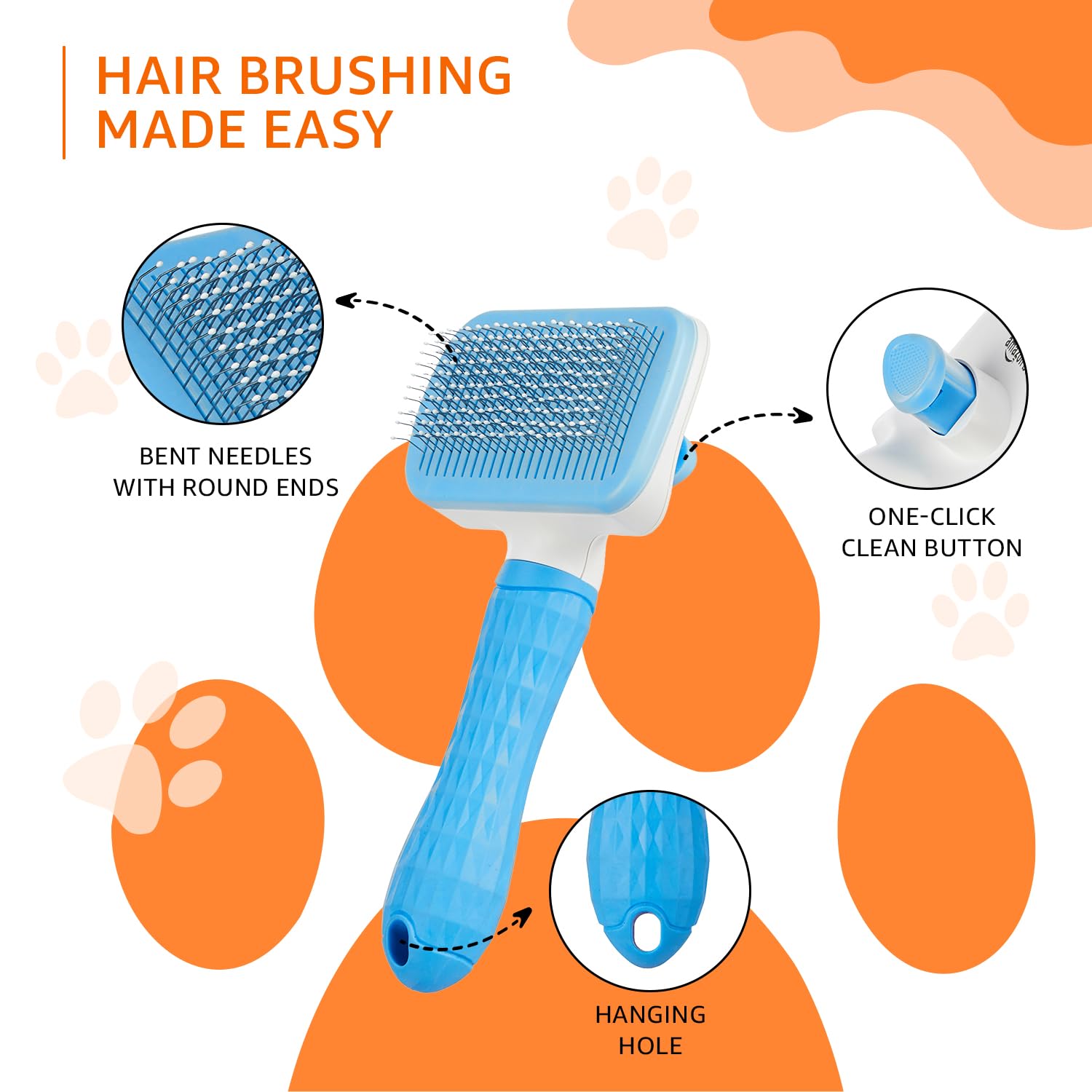 Basics Self Cleaning Slicker Pet Grooming Brush | Pet Cleaning Tool for Dogs, Cats, Rabbits & All Pets | Rectangular Shape with One-Click Cleaning
