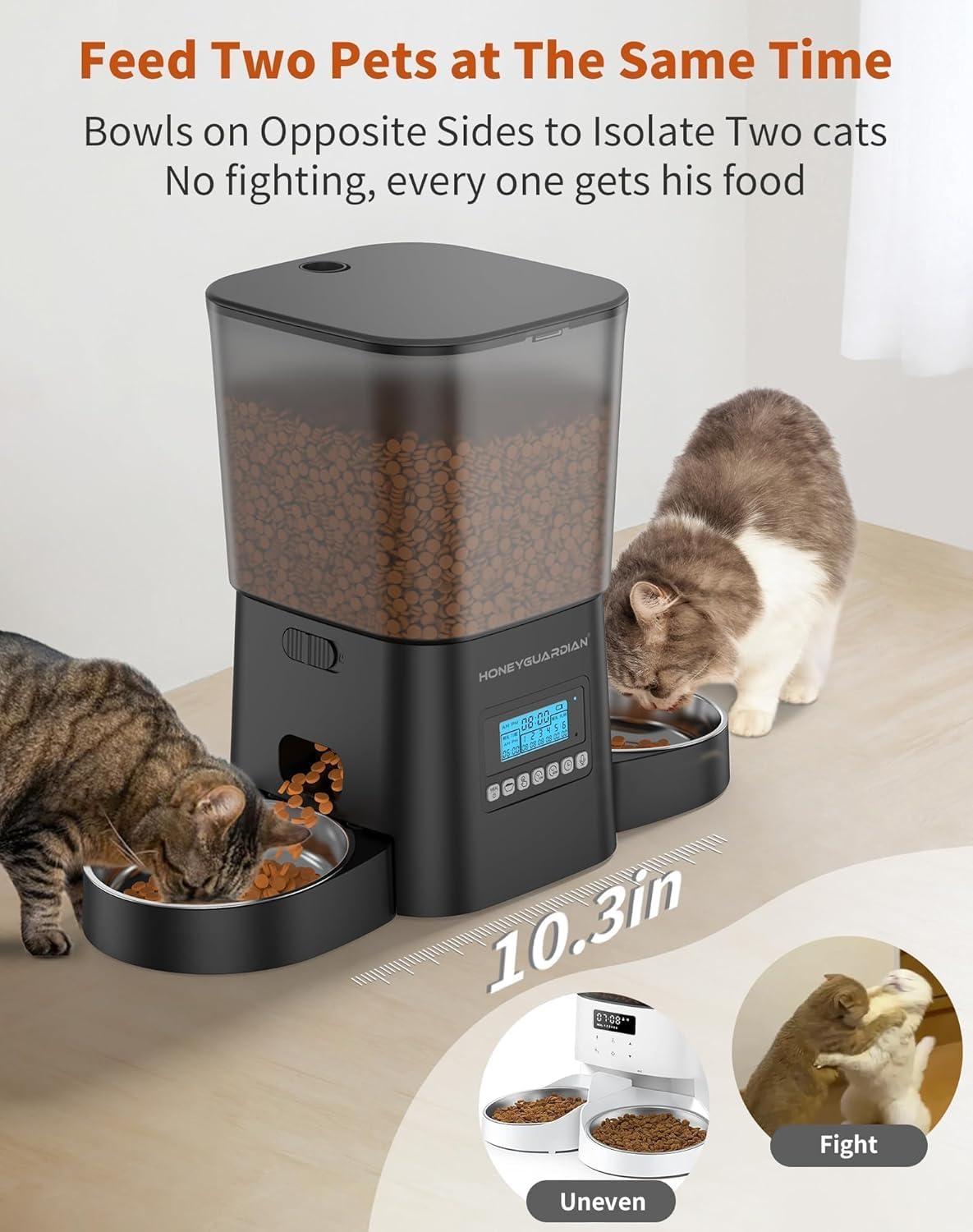 HoneyGuaridan Automatic Dog Feeder for 2 Dogs | 3.5L Pet Food Feeder with 2 Stainless Steel Bowls | 1-6 Meals with Portion Control, Voice Recorder, Dual Power for Cat & Dog