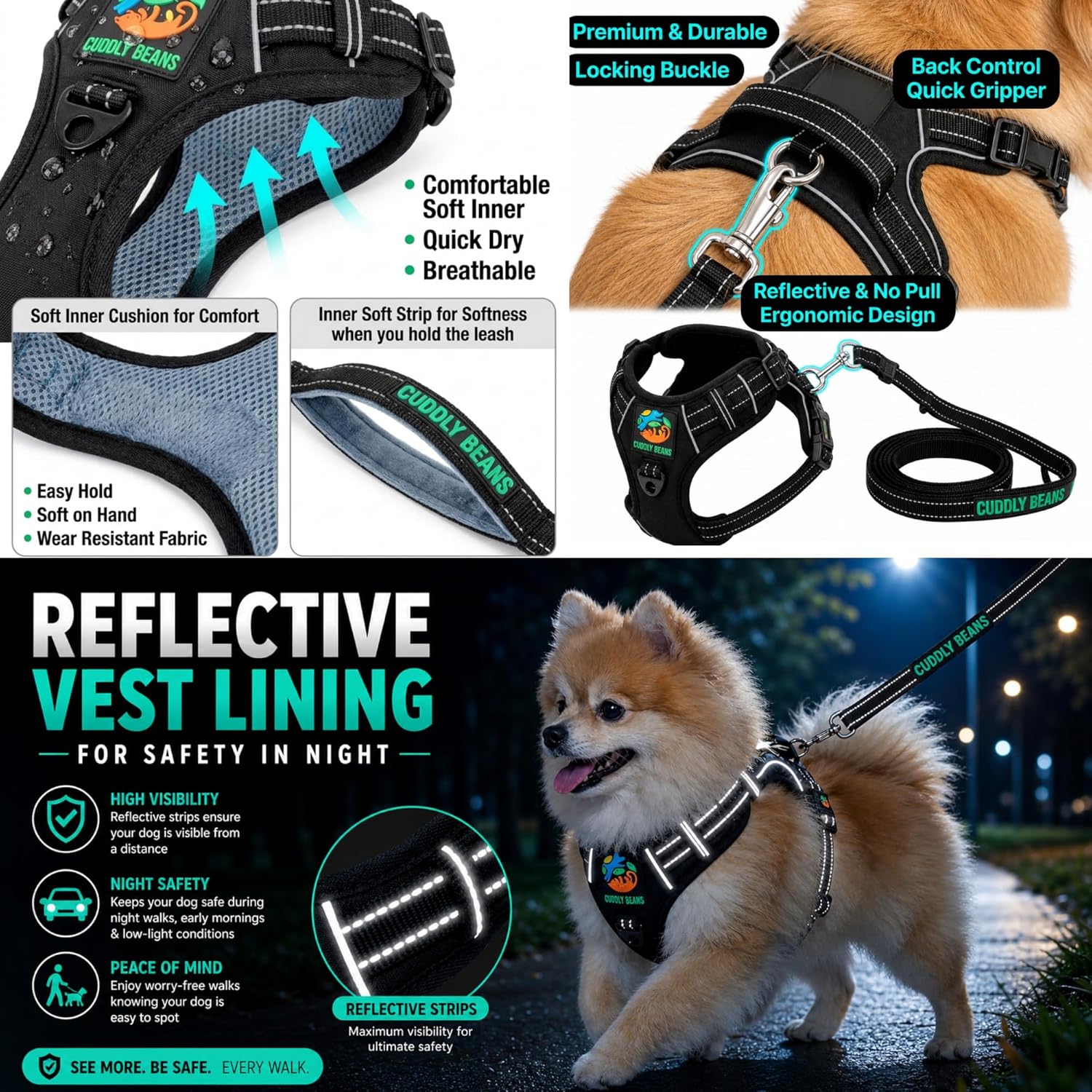 Cuddly Beans Adjustable Dog Harness for Small Medium Large Dogs | Soft Comfortable Breathable Harness | No-Pull Design with D-Ring | Puppy Harness Vest for Walking Training | Multiple Colors